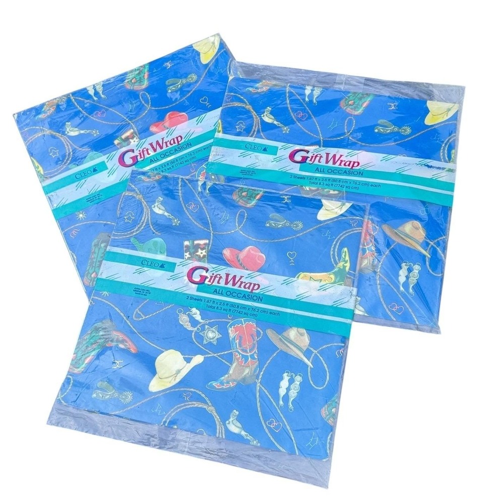 Cleo Vintage 1996 Western Cowboy Gift Wrap 3 Packs 6 Sheets Blue Rodeo 90s NOS